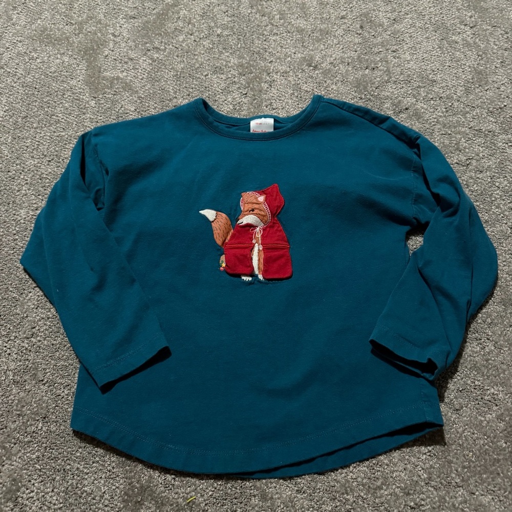 Hanna Anderson kids long sleeve shirt with fox & rabbit size 6-7 super soft